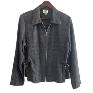 Vintage Maggie Lawrence Cinched Waist Gray Tweed Zip Front Blazer Size L USA